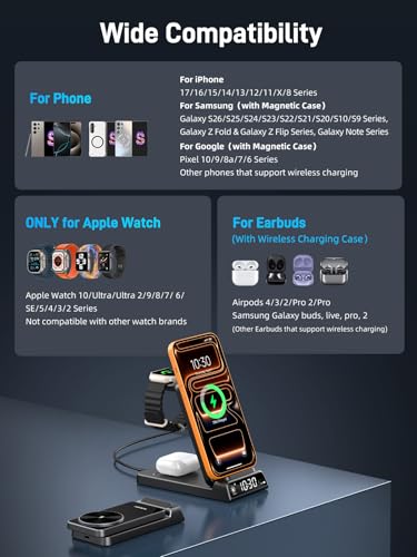 3 in 1 Charging Station for Apple,Travel Wireless Charger with Clock - color: Black