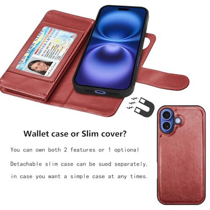 NJJEX Wallet Case Compatible with iPhone 17 6.3" 2025, [9 Card Slots] PU Leather Card Holder Folio Flip [Detachable] Kickstand Magnetic Phone Cover & Lanyard Compatible for iPhone 17 [Wine Red] | PU leather folio flip, detachable magnetic phone cover, int