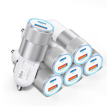 Car Charger USB C 6-Pack, 38W Dual Port Cigarette Lighter USB Charger - color: White, size: 6-Pack