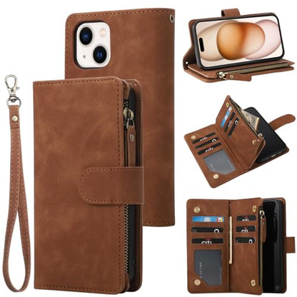 RANYOK Wallet Case for iPhone 15 (6.1 inch) with RFID Blocking Credit Card Holder, Premium PU Leather [Zipper Pocket] Flip Folio Case Wallet with Wrist Strap Kickstand Protective (Brown) - color: Brown