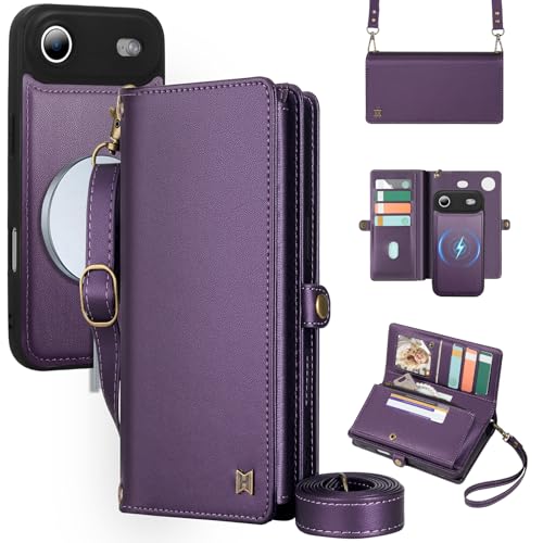 for Wallet Case Compatible with iPhone 17 Air,Multi-Function Detachable 3 in 1 Magnetic iPhone 17 Air Case Wallet,Flip Strap Zipper Card Holder Phone Case with Shoulder Straps (Pruple) - color: Purple, size: iPhone 17Air