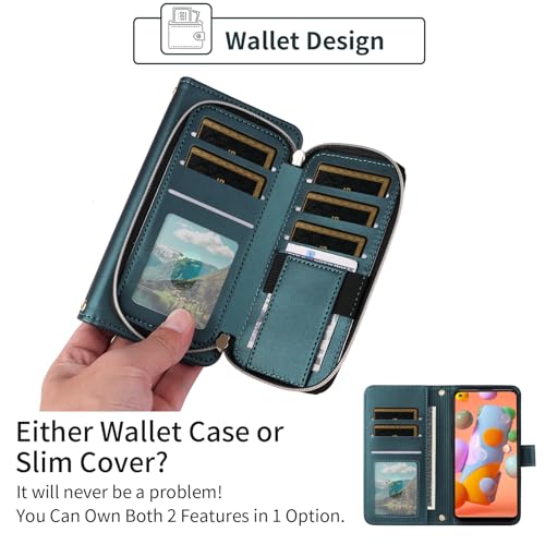 Argyle Wallet Case for Samsung Galaxy A11/M11 with Wrist Strap Shoulder Strap, 9+ Card Slots Zipper Purse Luxury PU Leather Stand Checkered Cell Phone Cover for A 11 11A Women Girls Green | Wrist/Shoulder Strap, 9+ Card Slots, Zipper Purse, Luxury PU Leat