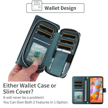 Argyle Wallet Case for Samsung Galaxy A11/M11 with Wrist Strap Shoulder Strap, 9+ Card Slots Zipper Purse Luxury PU Leather Stand Checkered Cell Phone Cover for A 11 11A Women Girls Green | Wrist/Shoulder Strap, 9+ Card Slots, Zipper Purse, Luxury PU Leat