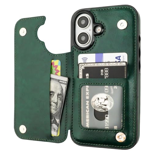 ONETOP for iPhone 16 Wallet Case with Credit Card Holder,Green | Kickstand,ID/Cash Holder,Case Wallet with Card Slots,Double Magnetic Clasp,Durable PU Leather Shockproof Cover for Women Men - color: Green