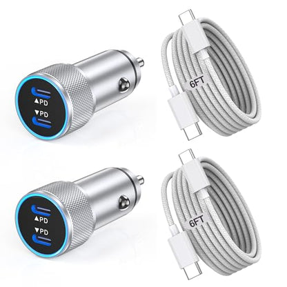 iPhone 17 Car Charger,USB C Fast Car Charger Adapter 2Pack Dual USB C Port - color: Silver 6FT