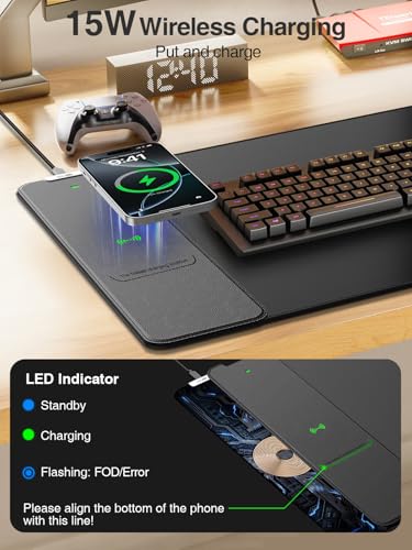 Wireless Charging Mouse Pad, 31.5"x15.8" Large Desk Mat, Smooth Glide - color: Black-31.5"x15.8"