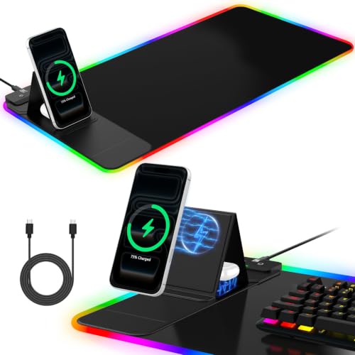RGB Mouse Pad with Foldable Phone Stand & Wireless Charger, 31.5"x11.8" XL Gaming Mousepad Large Desk Mat, Desk Pad with Dual Charging for Phone & AirPods | 11 Colors & 5 Modes | Waterproof - color: Black Touch Control Stand XL
