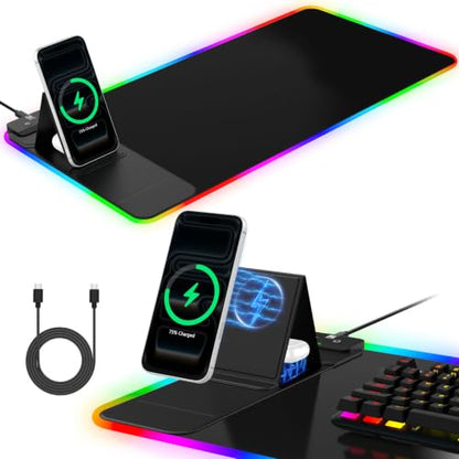 RGB Mouse Pad with Foldable Phone Stand & Wireless Charger, 31.5"x11.8" XL Gaming Mousepad Large Desk Mat, Desk Pad with Dual Charging for Phone & AirPods | 11 Colors & 5 Modes | Waterproof - color: Black Touch Control Stand XL