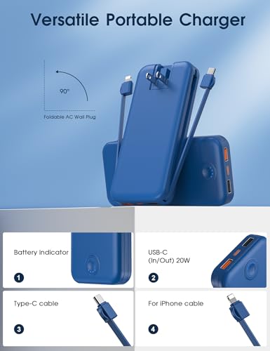 Nusyddy Portable Charger 10000mAh Fast Charging w/Built-in Wall Plug Navy - color: Navy