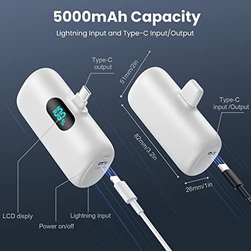 [2-Pack] Mini Portable Charger 5000mAh Power Bank, 3A PD USB C Cell Phone Portable Power, LCD Display Battery Pack Compatible with iPhone 15/15 plus/15 pro/15 pro Max/Android phone/Samsung/Moto/LG etc - color: White+Purple