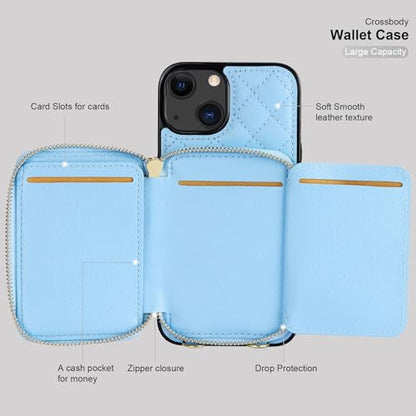 Bocasal Crossbody Wallet Case Card Holder for iPhone 13, Light Blue | RFID Blocking PU Leather Zipper Handbag Purse, Kickstand Flip Folio Case with Card Slots Holder Wrist Strap Lanyard 6.1 Inch - color: Blue