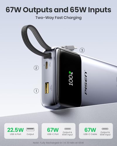 PISEN 3C Certified Power Bank - 20000mAh 67W CCC Power Bank with Built in Cable, Travel Battery Pack Portable 3C Charger with LED Display, 67W Portable Charger with Built in Cable for iPhone, MacBook