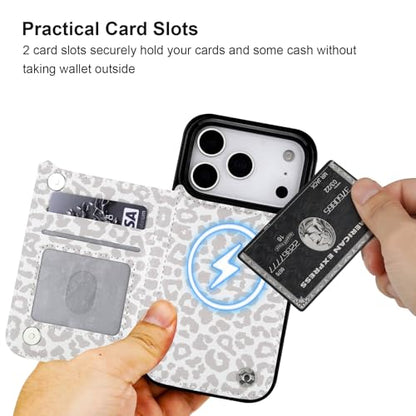 HAOPINSH Wallet Case for iPhone 17 Pro, Compatible with MagSafe Wireless Charging, White Leopard Cheetah Pattern Back Flip Folio Leather Kickstand Card Slots Case Double Magnetic Clasp Cover 6.3" - color: White Leopard for MagSafe
