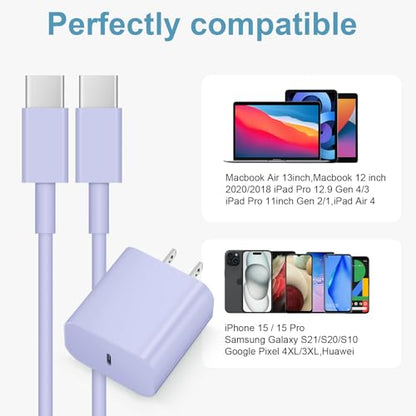 iPhone 18 17 16 15 Charger Fast Charging USB C Charger Block - color: Purple, size: 10FT