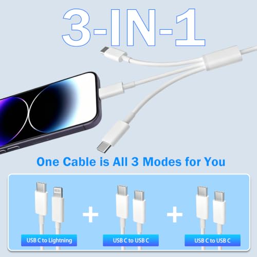 Multi USB Cable 6FT/2Pack 60W 3 in 1 USB C to 2*USB C and Lightning Port - color: White2
