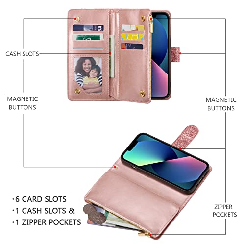 UEEBAI Wallet Case for iPhone 13 - PU Leather Magnetic Closure Handbag With Zipper Pocket, Kickstand, Card Slots and Hand Strap - Bling Rose Gold Flip for Women - color: Bling Rose Gold