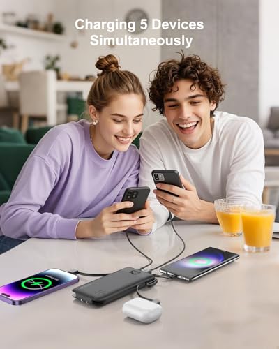 Portable Charger 10000mAh Power Bank w/Built-in 3 Cables & AC Wall Plug - color: Black