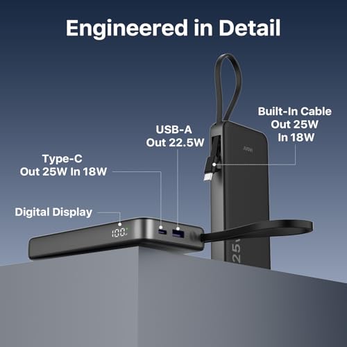 JUOVI 25W Portable Charger 10000mah Power Bank Built-in USB-C Cable - color: Black