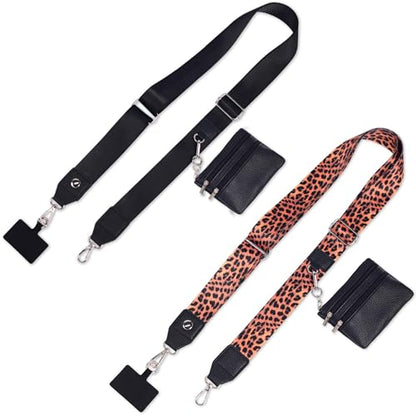 2pcs Clip and Go Strap for Phone with Wallet Crossbody Strap with Pouch - color: Leopard+black