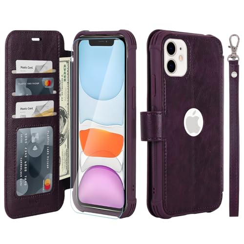 VANAVAGY Wallet Case for iPhone 11 6.1 inch, Purple | 12ft Drop-proof Cover for Women Men, Silm PU Leather, RFID Blocking Card Holder, Wrist Strap, Screen Protector - color: Purple