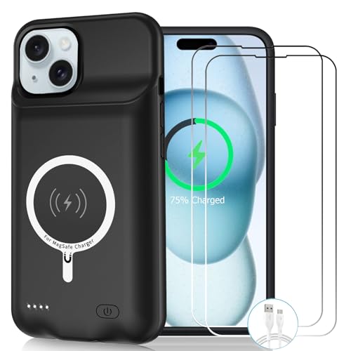 Wireless Charging Case for iPhone 15, 10000mAh High Capacity Portable Rechargeable Protective Battery Case Wireless Charging Compatible with iPhone 15 (6.1 inch) Extended Battery Charger Case (Black) - size: iPhone 15