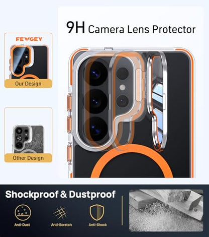 for Samsung Galaxy S26 Ultra Case with Camera Cover Stand, Full Camera Protection, Compatible with MagSafe, Drop Protection, Dust-Proof Anti-Fall Translucent Magnetic Phone Case, Clear + Orange - color: Orange