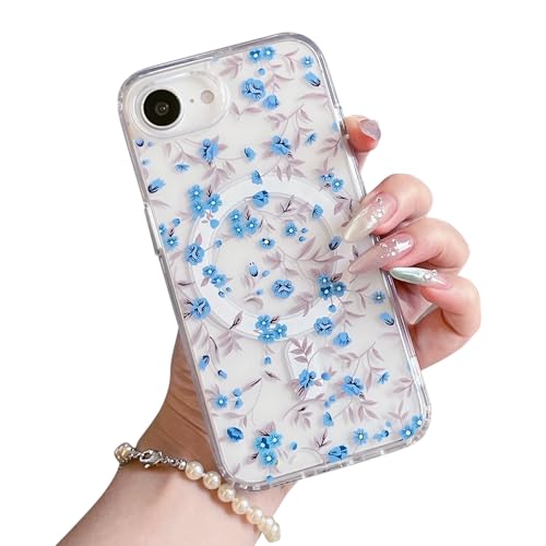QLTYPRI Magnetic for iPhone 11 Case Compatible with Magsafe, Cute Floral Flower Aesthetic Phone Case Slim Clear Anti-Yellowing Shockproof Phone Cover for Girls Women - Blue - color: Blue, size: iPhone 11