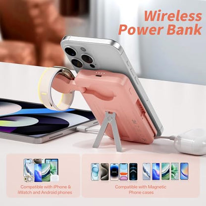 Magnetic Portable Charger Built-in Cables,10000mAh Fast Charging Wireless Charger Station External Battery Pack Slim Pocket Size Power Bank with Stand Compatible with iWatch, iPhone - color: Pink