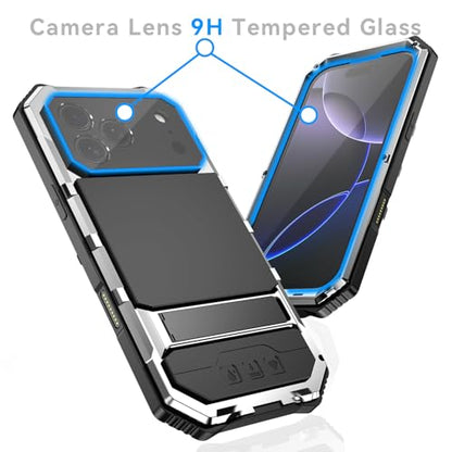 Simicoo Military Metal Heavy Duty Case Compatible with iPhone 17 Pro, Drop Protection Rugged Defender Metal Bumper Screws Phone Cover with Stand Gorilla Glass Camera Cover Full Body Dustproof Silver - color: Silver, size: iPhone 17 Pro