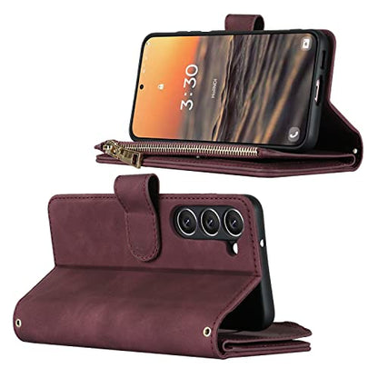 iCoverCase for Samsung Galaxy S23 Wallet Case with Card Holder, Kickstand Feature PU Leather Case with Adjustable Crossbody Lanyard Magnetic Clasp Zipper Pocket Flip Cover (Claret) - color: Claret, size: Galaxy S23