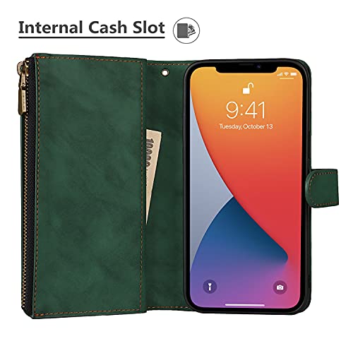 iCoverCase Compatible with iPhone 13 Wallet Phone Case with Card Holder, PU Leather Zipper Pocket Magnetic Detachable Flip Case with Wrist Strap (Green) - color: Detachable--Green