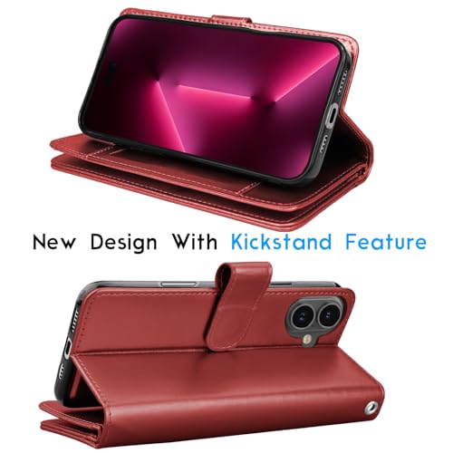 Tekcoo Wallet Case Compatible with iPhone 16 (6.1 inch) 2024 Luxury ID Cash Credit Card Slots Holder Carrying Pouch Folio Flip PU Leather Cover [Detachable Magnetic Hard Case] with Strap [Wine Red] - color: Wine Red, size: 16