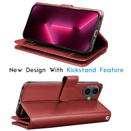 Tekcoo Wallet Case Compatible with iPhone 16 Plus (6.7 inch) 2024 Luxury ID Cash Credit Card Slots Holder Carrying Pouch Folio Flip PU Leather Cover [Detachable Magnetic Hard Case] with Strap [Red] - color: Wine Red, size: 16 Plus