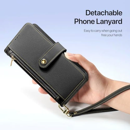 for iPhone 17 Pro Wallet Case, Detachable Magnetic Phone Case | Compatible with Magsafe, RFID Blocking, PU Leather Flip Folio Case, Wrist Strap Wallet Case, Zipper Coin Pocket - color: Black, size: iPhone 17 Pro