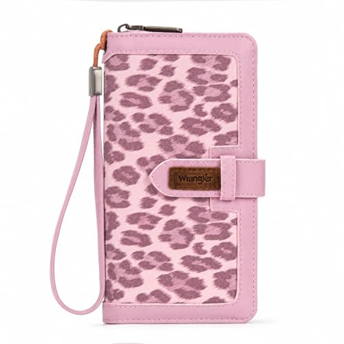 X Wrangler Women's Wallets Bifold Wristlet Wallets for Women Large Capacity Credit Card Wallet with ID Window - color: Leopard Pink