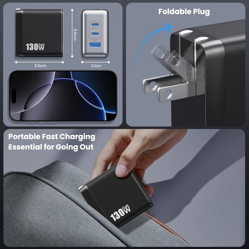 130W USB C Charger Block,3-Port GaN Fast Charger,Compact Foldable Type C Fast Charging Wall Charger,PD QC 65W USB C Laptop Charger for MacBook Pro/Air,iPad Pro,iPhone 17/16/15/14,Galaxy,Dell XPS etc