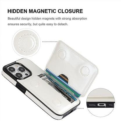 KIHUWEY Compatible with iPhone 15 Pro Wallet Case Credit Card Holder, Premium Leather Kickstand Flip Hidden Magnetic Clasp Durable Shockproof Protective Cover for iPhone 15 Pro 6.1 inch (White) - color: White