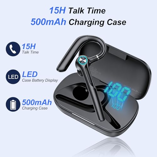 ONE LIFE Bluetooth Headset with Microphone, Bluetooth Earpiece for Work, Wireless Headset with Mic, 15H Talk Time, 500mAh Charging Case, Bluetooth 5.3, LED Display for Office, Laptop, Phone, Driving