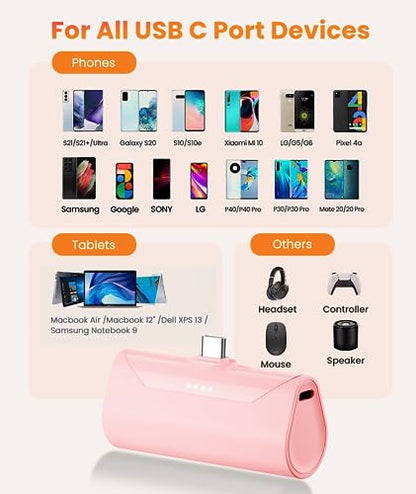 Mini Pink USB C Portable Battery Charger for iPhone 15 Pro Max, 4800mAh Little Charger Battery Pack Compact Power Bank Back Phone Charger for iPhone 15/16/Samsung Galaxy S22/Note 20/Google/Pixel - color: USBC-Pink