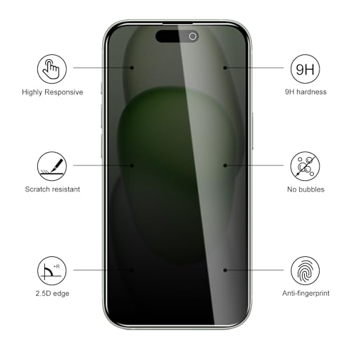 3 Pack Privacy Screen Protector for iPhone 15/15 Pro/16, 9H Hardness Double Shatterproof Anti-Spy Tempered Glass Film, Easy Installation, Case-Friendly - size: iPhone 15/15 Pro/16