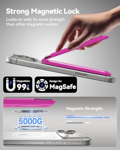 TWZKG for MagSafe Wallet, 5 Cards Holder with Stand, Magnetic Phone Wallet Stand for iPhone 17/16/15/14/13/12 Pro Max Air Plus Series, RFID Blocking Vegan Leather,Hot Pink - color: Hot Pink