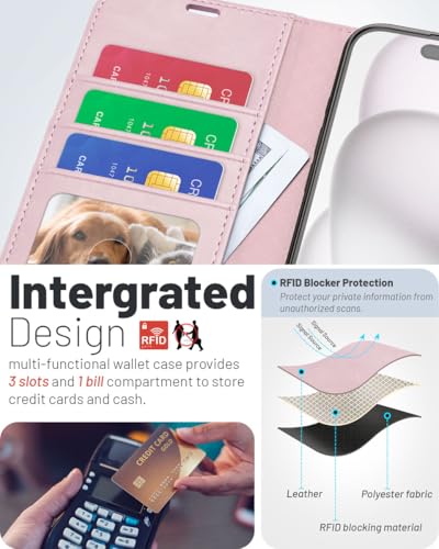 OCASE for iPhone 17e/iPhone 16e Wallet Case, Card Holder, Pink | RFID Blocking, Kickstand, Magnetic Closure, PU Leather Flip Folio, Shockproof TPU Shell, Protective Phone Cover (6.1") - color: Pink