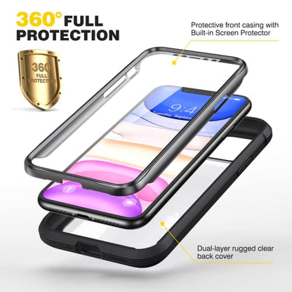 Diaclara Compatible with iPhone 11 Case, Full Body Rugged with Built-in Touch Sensitive Anti-Scratch Screen Protector, Soft TPU Bumper Case Clear Compatible with iPhone 11 6.1" (Black and Clear) - color: Black, size: iPhone 11