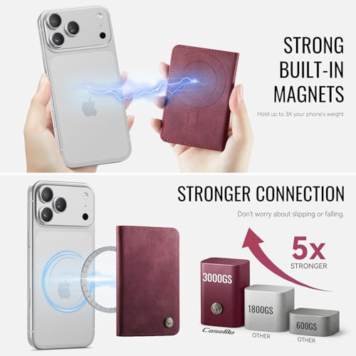 Magnetic Wallet Card Holder with RFID Protection, PU Leather Slim Wallet, Strong Magnet Attachment for iPhone 18/17/16/15/14/13/12 Series Pro Max Plus Mini-Wine - color: Wine