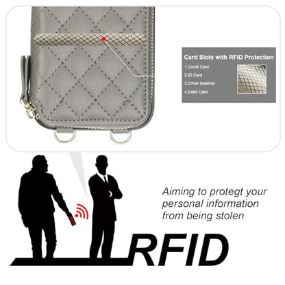 Bocasal Crossbody Wallet Case Card Holder for iPhone 16, Grey | RFID Blocking PU Leather Zipper Handbag Purse, Kickstand Flip Folio Case with Card Slots Holder Wrist Strap Lanyard 6.1 Inch - color: Gray