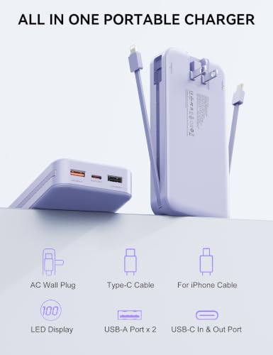 Nusyddy Portable Charger 20000mAh Fast Charging w/Built-in Wall Plug Purp. - color: Lavender