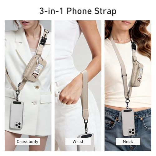 Nekmit Clip and Go Strap for Phone with Wallet Crossbody, Adjustable Phone Lanyard with Detachable Zippered Pouch & Wristlet - color: Dark Beige