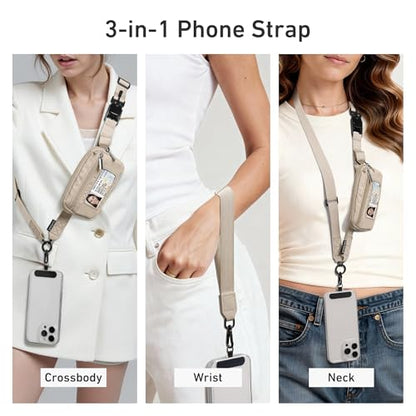 Nekmit Clip and Go Strap for Phone with Wallet Crossbody, Adjustable Phone Lanyard with Detachable Zippered Pouch & Wristlet - color: Dark Beige