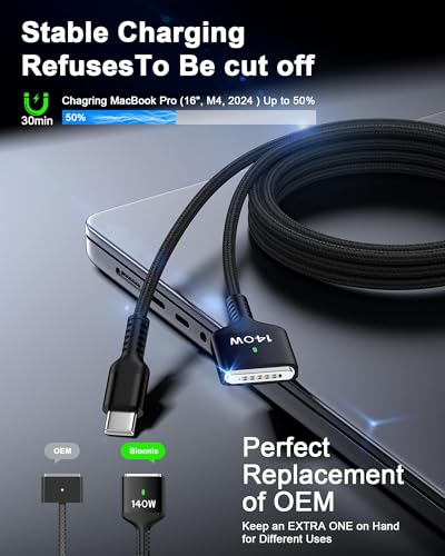 140W MagSafe 3 Cable 6.6ft for MacBook Pro (16/14, M5 M4 M3) & MacBook Air - color: Black