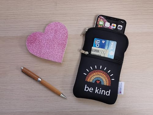 Tainada Small Crossbody Dual Zipper Cell Phone Neck Pouch (Be Kind Black) | Mini neoprene double zip wallet purse bag; Water-resistant, shockproof, lightweight; Adjustable & detachable lanyard strap - color: Be Kind Black